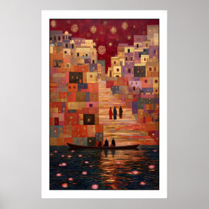 Varanasi Art Print Lotus Blooms, Red and Gold