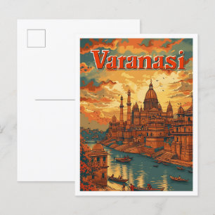 Varanasi India Vintage Art Travel Illustration Postcard