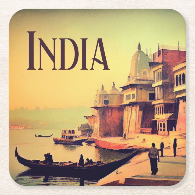 Varanasi India Vintage Painting Square Paper Coaster (Front)