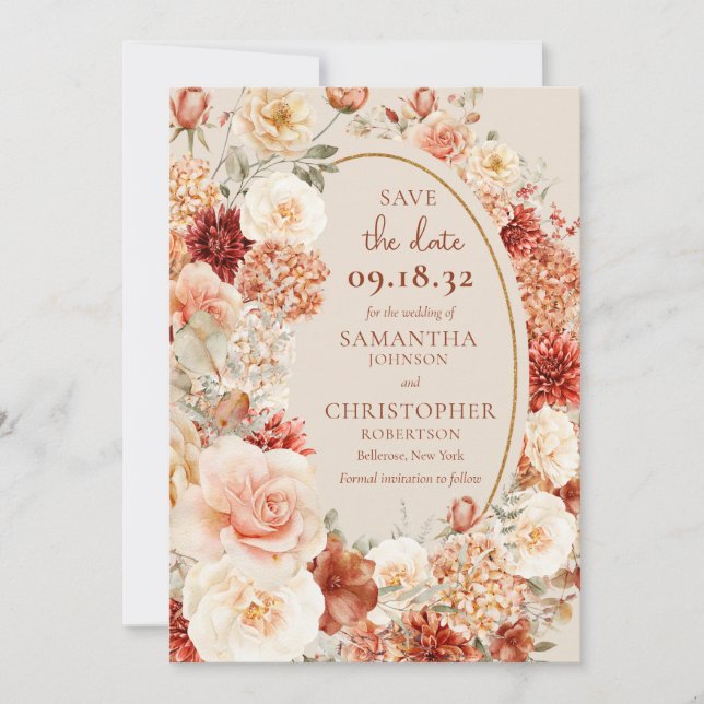 Variegated autumn floral rusty ivory blush sage save the date (Front)