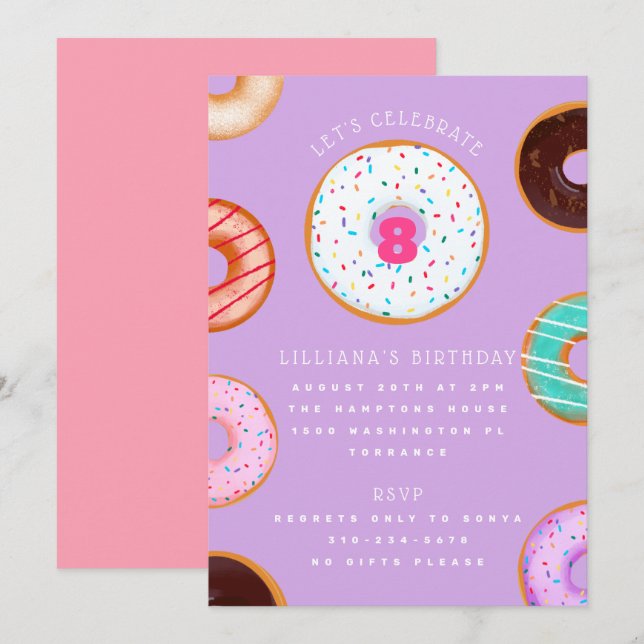 Variety Doughnuts Pink Purple Kids Birthday Invitation (Front/Back)