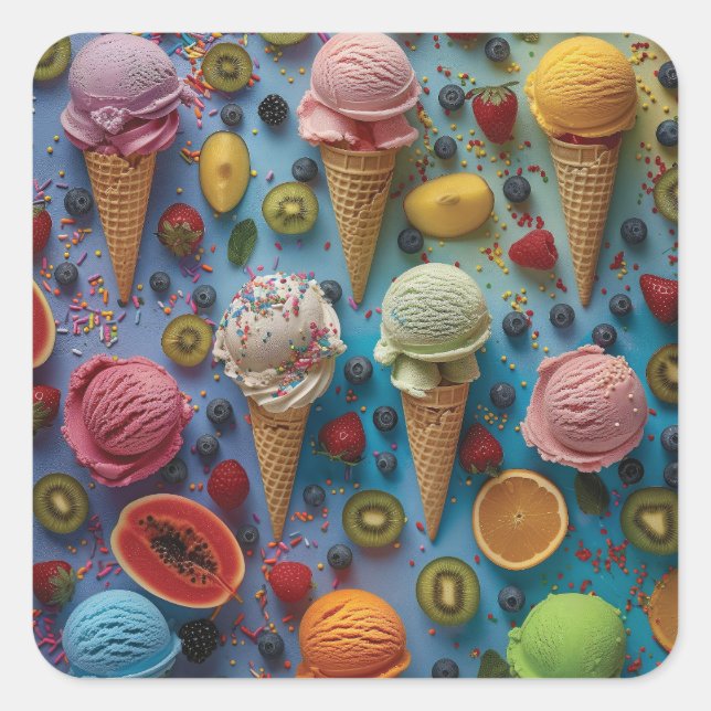 Variety of ice cream flavors square sticker (Front)