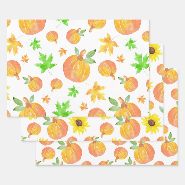 Variety Watercolor Pumpkin Patterns Wrapping Paper Sheet (Set)