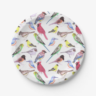 Various birds in watercolor- cute pet birds paper plate
