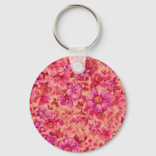 Various Blooming Flowers in Warm Pink and Purple Keychain
