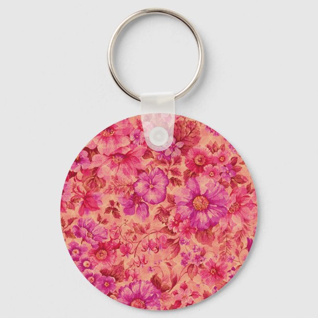 Various Blooming Flowers in Warm Pink and Purple Keychain (Front)