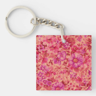 Various Blooming Flowers in Warm Pink and Purple Keychain