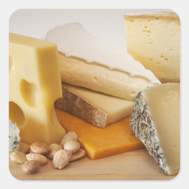 Various cheeses on chopping board square sticker (Front)