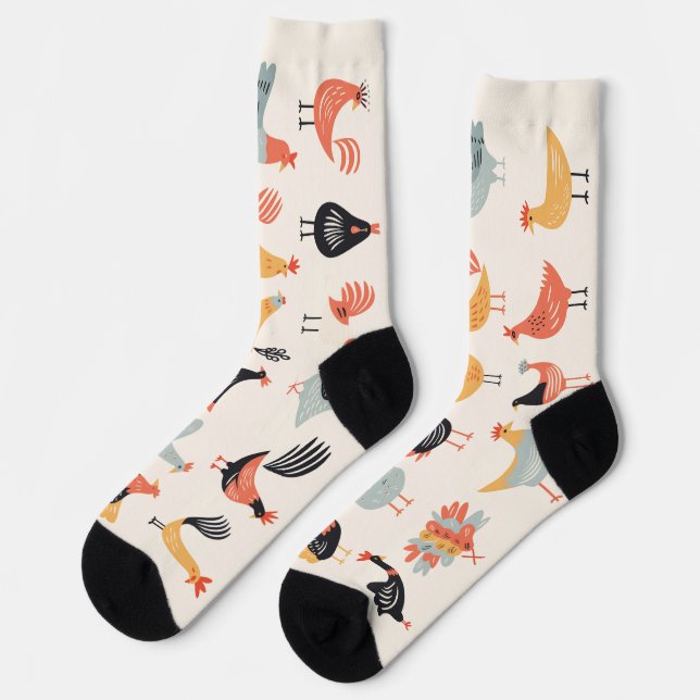 Various chickens on white background socks (Left)