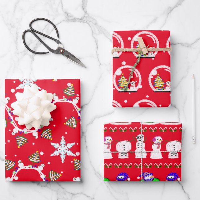 Various Christmas Snowmen Wrapping Paper Sheet (Front)