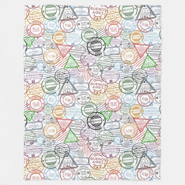 Various cities retro postal markings pattern fleece blanket (Front)