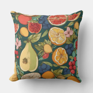Various Citrus Fruits, Grapes and Flowers. Paintin Throw Pillow