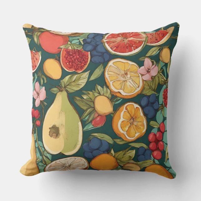 Various Citrus Fruits, Grapes and Flowers. Paintin Throw Pillow (Front)