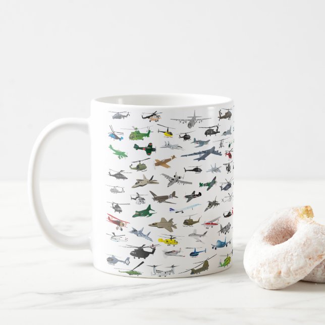 Various Colorful Airplanes and Helicopters Coffee Mug (With Donut)
