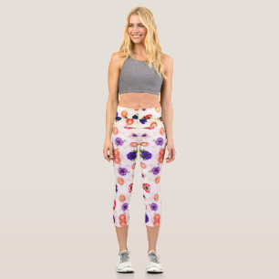 Various colour and types flower on white backgroun capri leggings