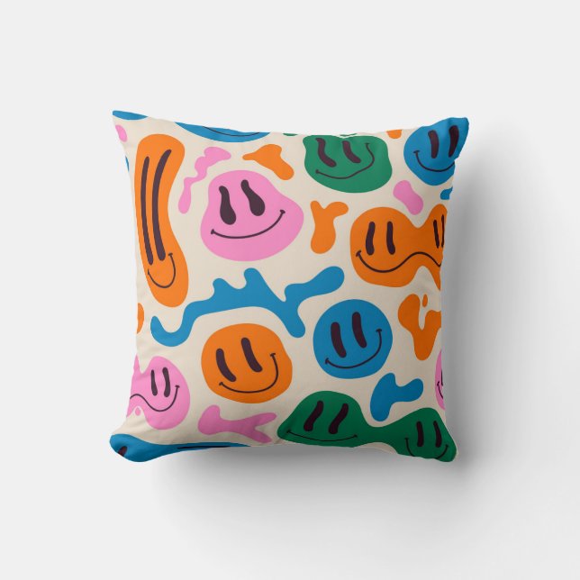 Various colourful melting smiling Faces. Lava lamp Throw Pillow (Front)