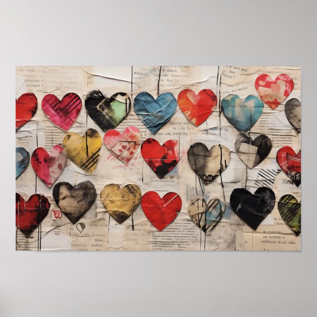 Various hearts with collage paper textures poster (Front)