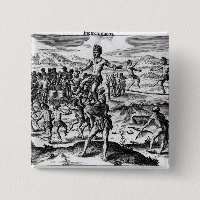 Various Indian Games, from 'Americae' 2 Inch Square Button (Front)