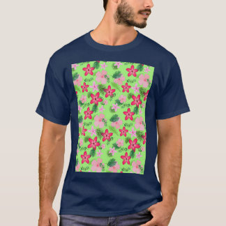 Various pink flowers and leafs pattern on light gr T-Shirt