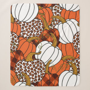 Various pumpkins. Leopard, orange, white and buff Sherpa Blanket
