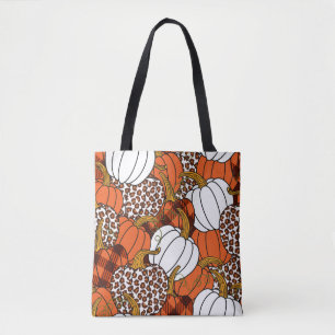 Various pumpkins. Leopard, orange, white and buff Tote Bag