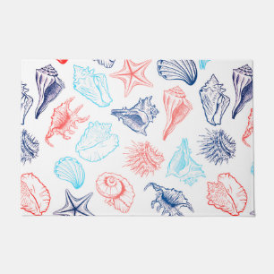 Various red blue seashells line art pattern doormat
