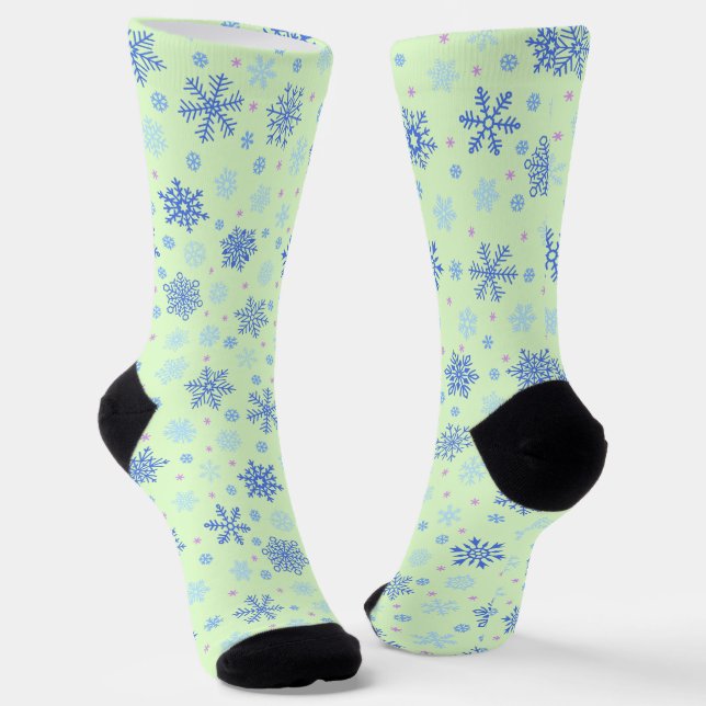 Various Shapes Snowflake Green Pastel Spring Green Socks (Angled)