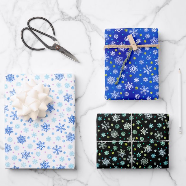 Various Shapes Snowflakes Blue White Black Elegant Wrapping Paper Sheet (Front)