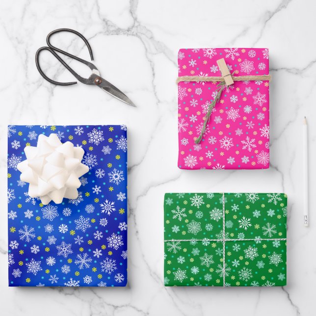 Various snowflake shapes blue pink green elegant wrapping paper sheet (Front)