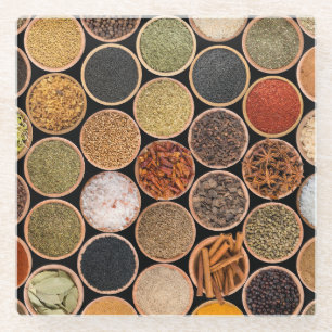Various spices and food ingredients glass coaster