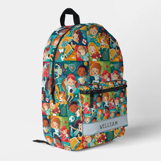 Various Sports Vivid Colourful Kids Back To School Printed Backpack (Back Corner Left)