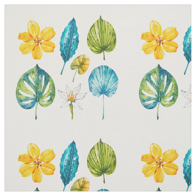 Various tropical flowers leaves fabric (Swatch)