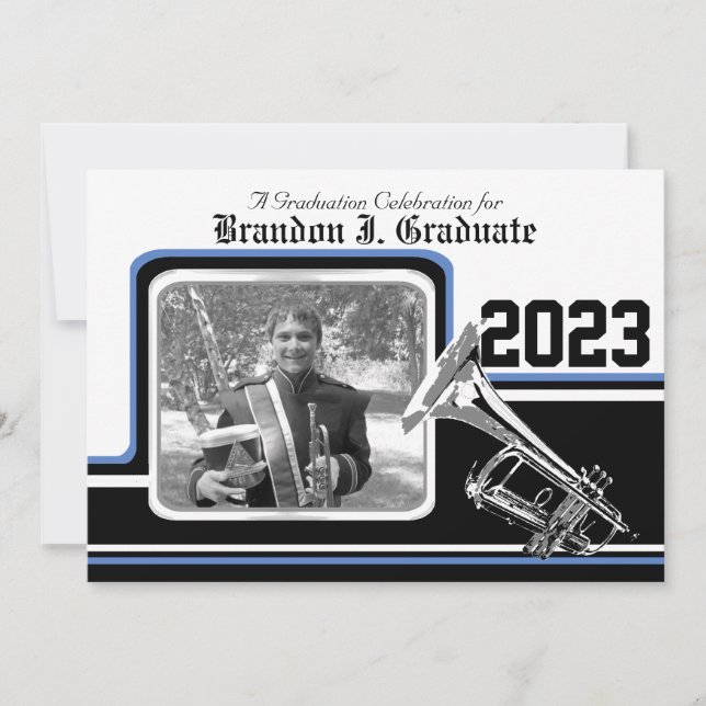 Varsity Band Trumpet Graduation Photo Blue Invitation (Front)