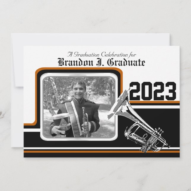 Varsity Band Trumpet Graduation Photo Orange Invitation (Front)