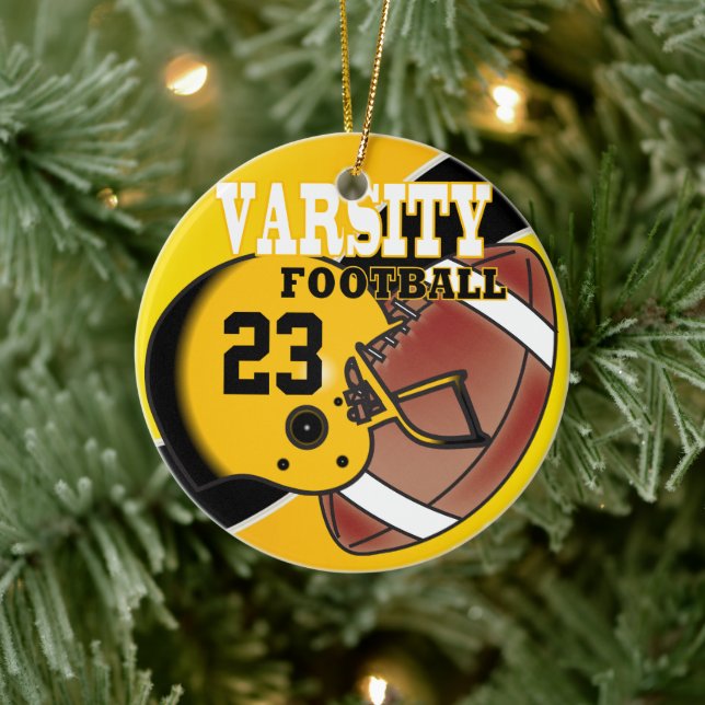 Varsity Golden Yellow and Black Football Ceramic Ornament (Tree)
