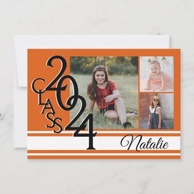 Varsity Orange 2024 Graduation Tri Photo Invitation (Front)