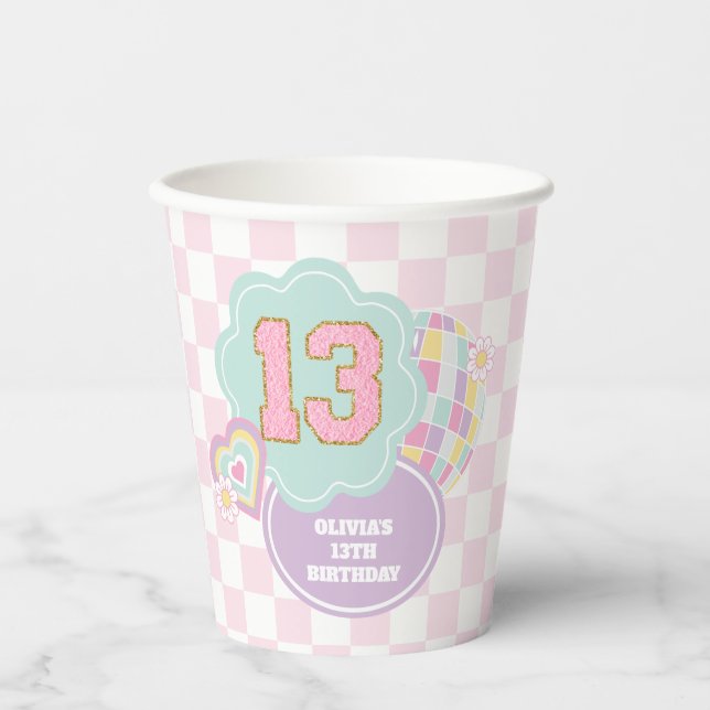 Varsity preppy pastel patch 13th Birthday Paper Cups (Front)