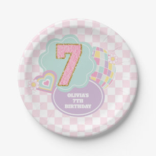 Varsity preppy pastel patch 7th Birthday Paper Plate
