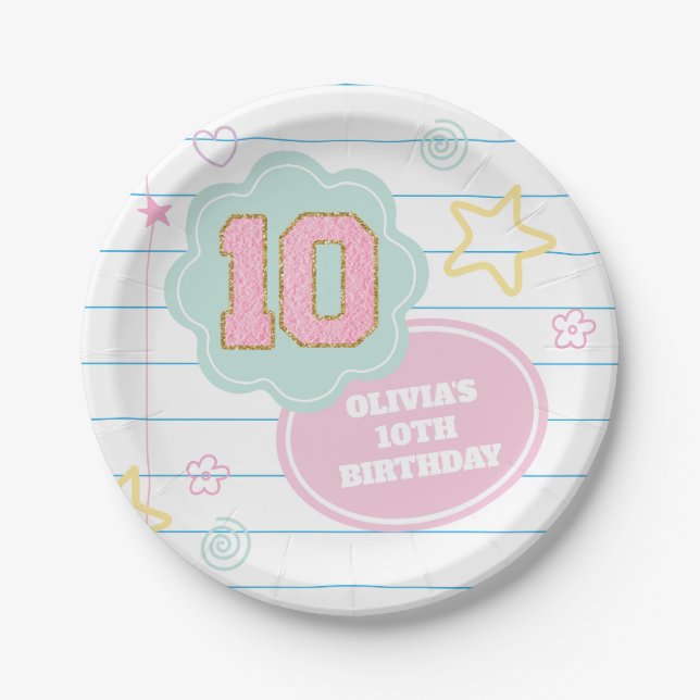 Varsity preppy pastel patch notebook 10th Birthday Paper Plate (Front)