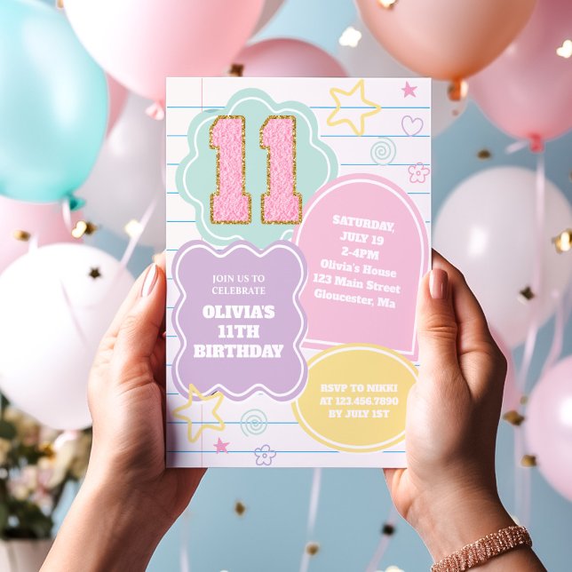 Varsity preppy pastel patch notebook 11th Birthday Invitation (Creator Uploaded)