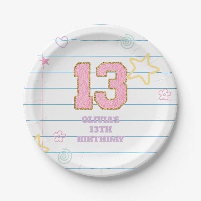 Varsity preppy pastel patch notebook 13th Birthday Paper Plate (Front)