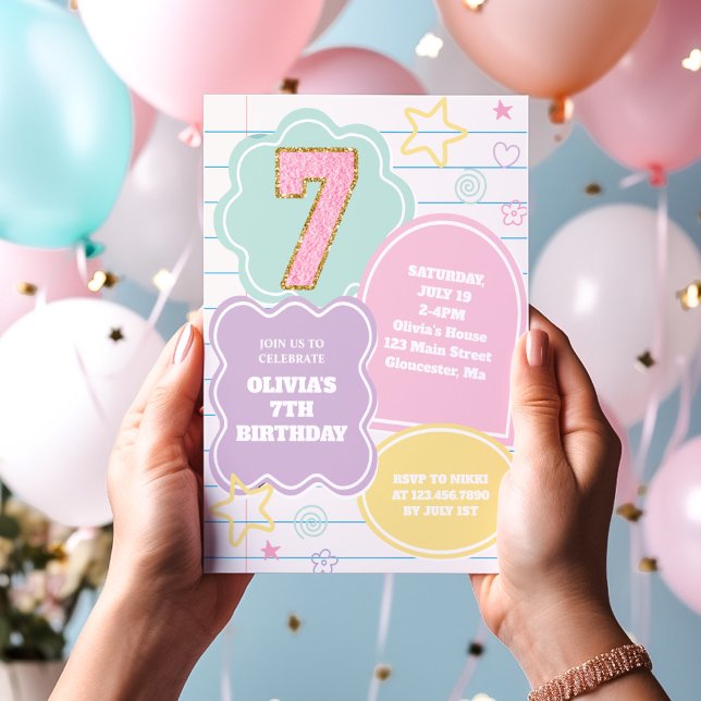 Varsity preppy pastel patch notebook 7th Birthday Invitation (Creator Uploaded)