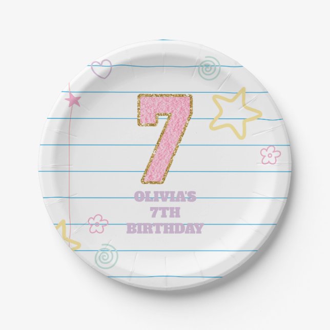 Varsity preppy pastel patch notebook 7th Birthday Paper Plate (Front)