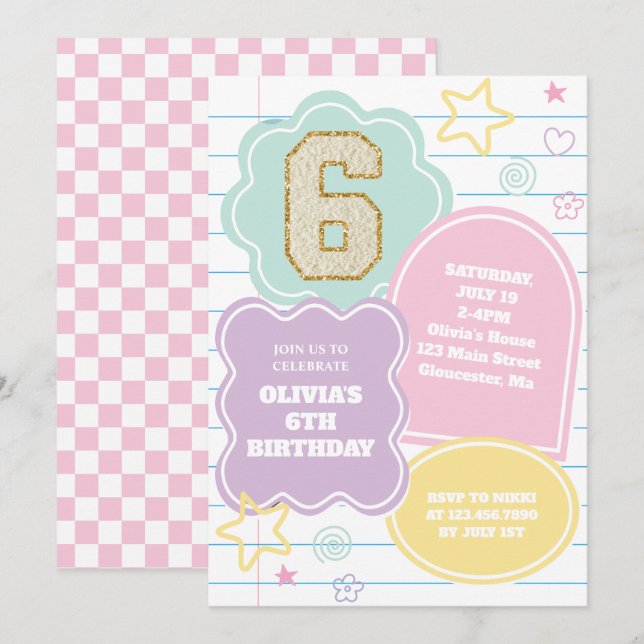 Varsity preppy pastel patch notebook Birthday Invitation (Front/Back)