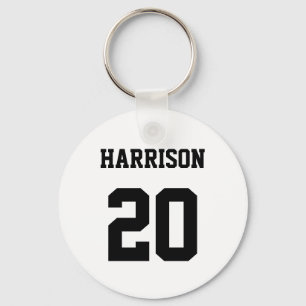 Varsity sports black white custom name number keychain