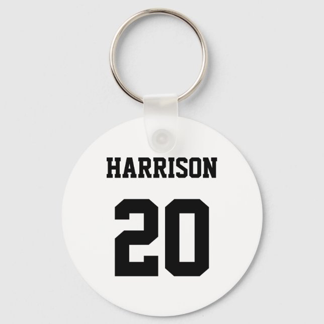 Varsity sports black white custom name number keychain (Front)