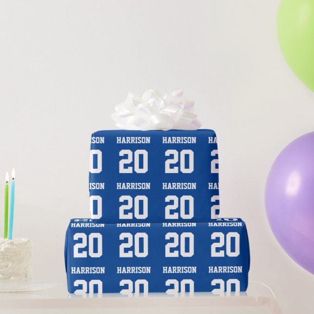Varsity sports blue and white custom name number wrapping paper (Party Gifts)