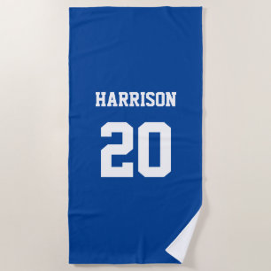 Varsity sports blue white custom name number beach towel