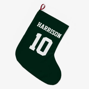 Varsity sports dark pine green white name number large christmas stocking