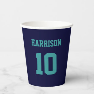 Varsity sports navy blue teal jersey name number paper cups